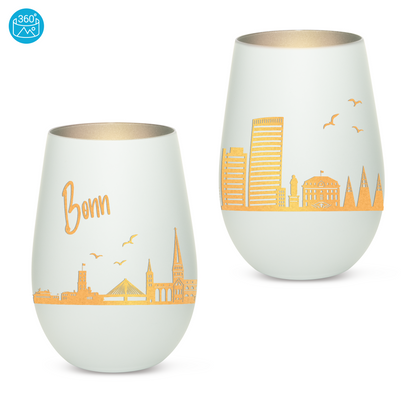 Hochwertiges Glas Windlicht mit Gravur "SKYLINE BONN" in der Farbe Weiß/Silber