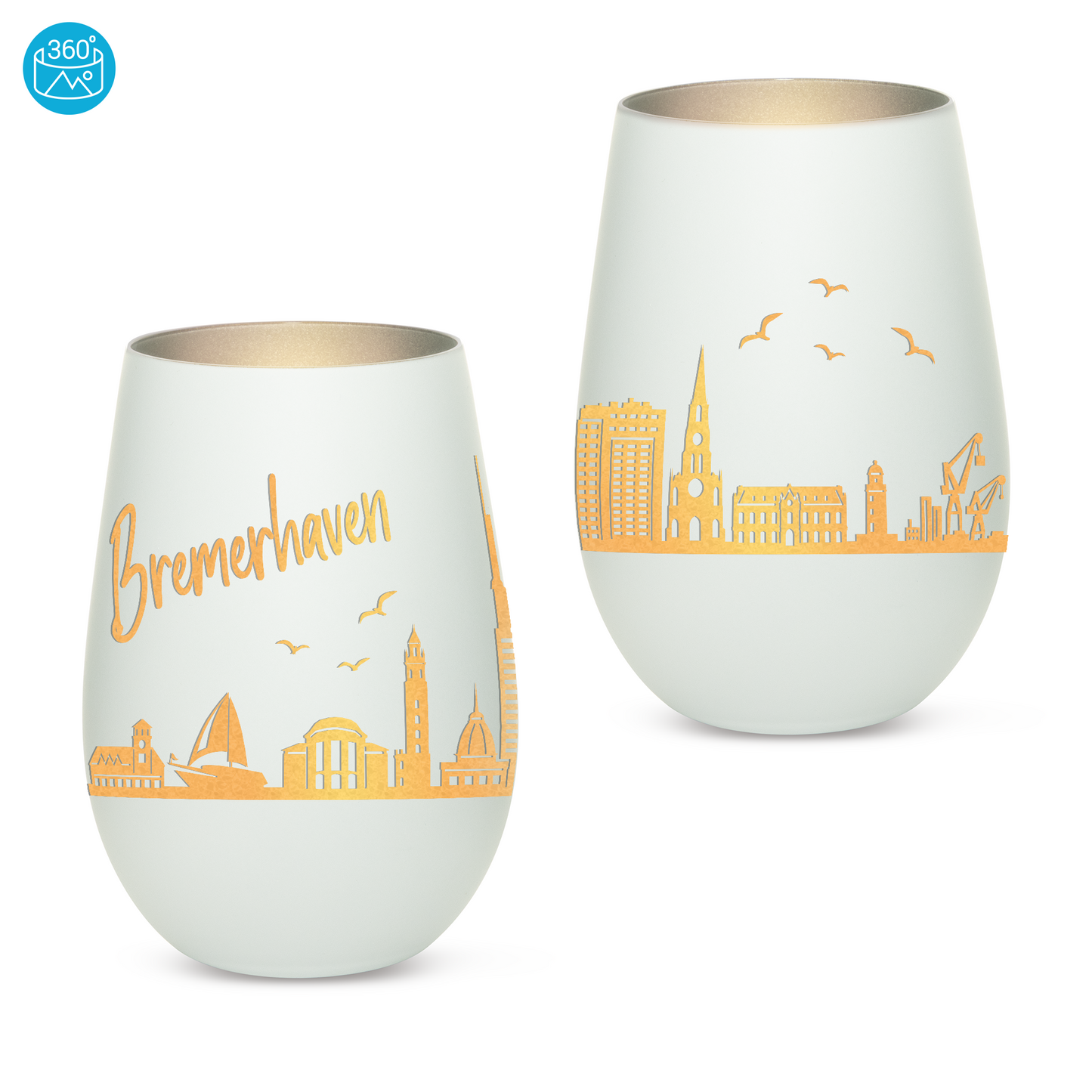 Hochwertiges Glas Windlicht mit Gravur "SKYLINE BREMERHAVEN" in der Farbe Weiß/Silber