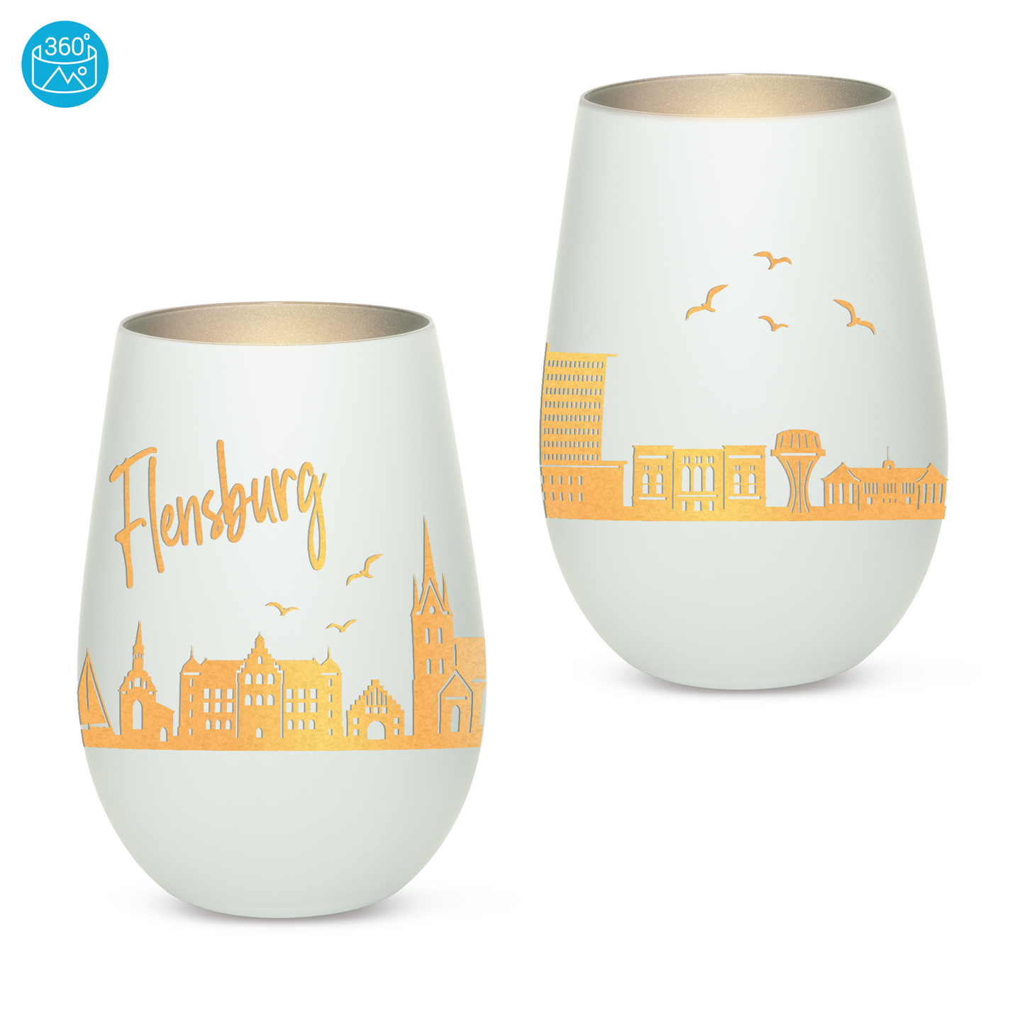 Hochwertiges Glas Windlicht mit Gravur "SKYLINE FLENSBURG" in der Farbe Weiß/Silber