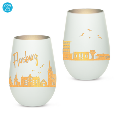 Hochwertiges Glas Windlicht mit Gravur "SKYLINE FLENSBURG" in der Farbe Weiß/Silber