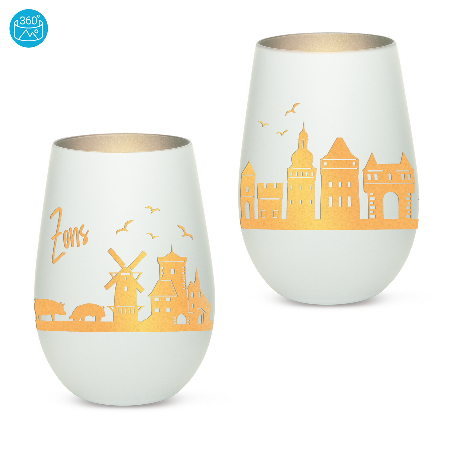 Hochwertiges Glas Windlicht mit Gravur "SKYLINE ZONS (DORMAGEN)" in der Farbe Weiß/Silber