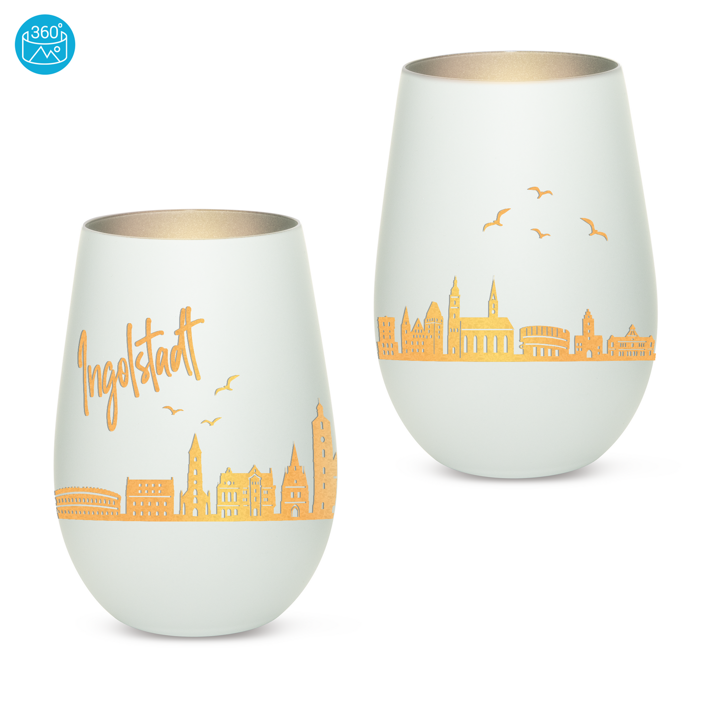 Hochwertiges Glas Windlicht mit Gravur "SKYLINE INGOLSTADT" in der Farbe Weiß/Silber
