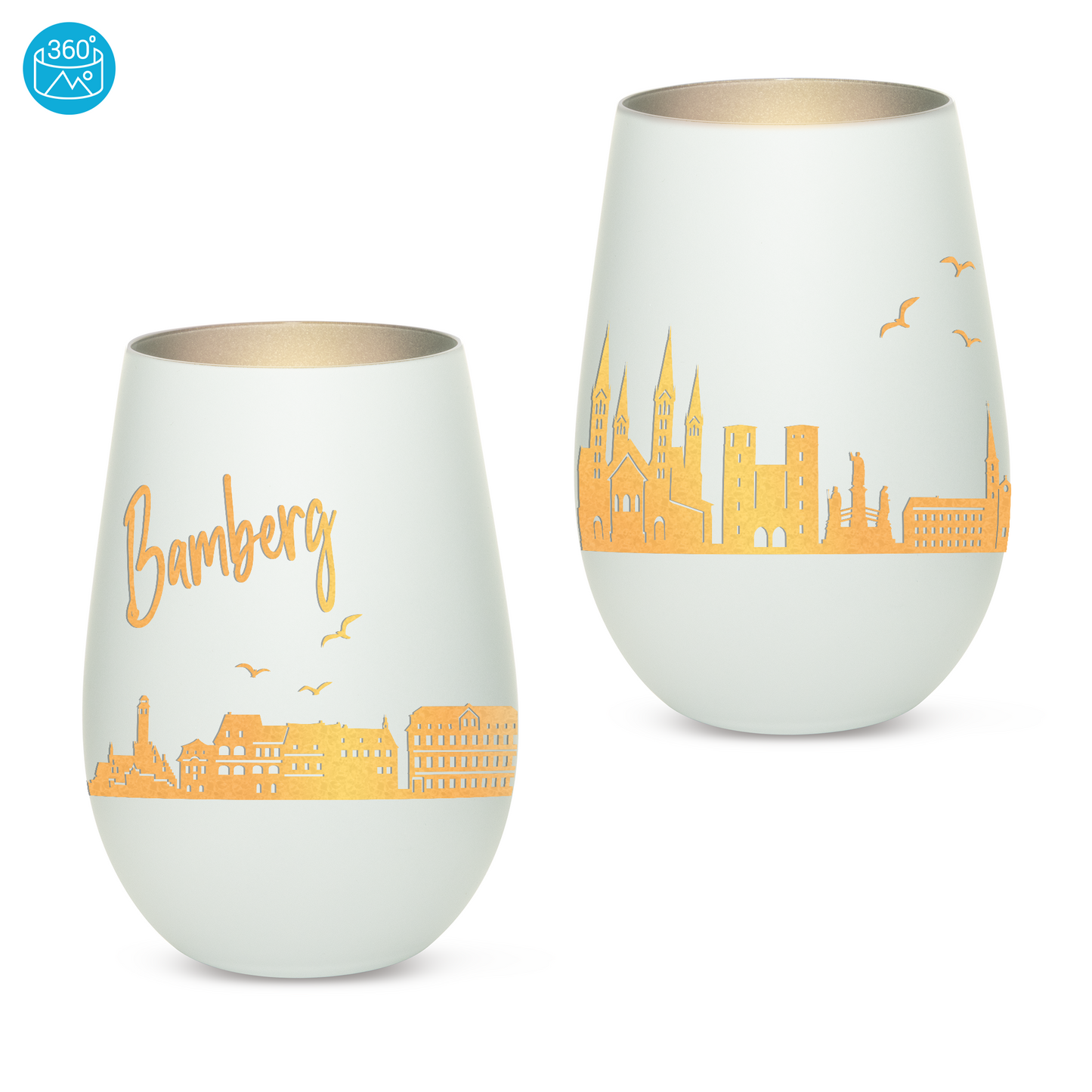 Hochwertiges Glas Windlicht mit Gravur "SKYLINE BAMBERG" in der Farbe Weiß/Silber