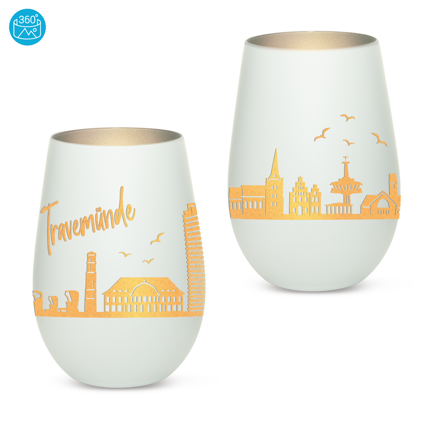Hochwertiges Glas Windlicht mit Gravur "SKYLINE TRAVEMÜNDE" in der Farbe Weiß/Silber