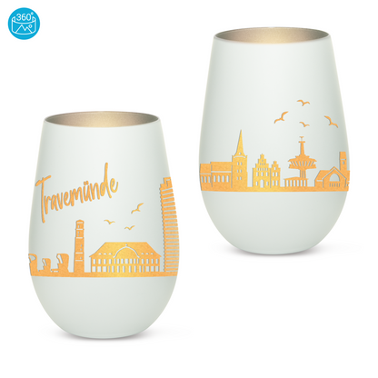 Hochwertiges Glas Windlicht mit Gravur "SKYLINE TRAVEMÜNDE" in der Farbe Weiß/Silber