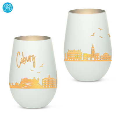 Hochwertiges Glas Windlicht mit Gravur "SKYLINE COBURG" in der Farbe Weiß/Silber