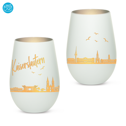 Hochwertiges Glas Windlicht mit Gravur "SKYLINE KAISERSLAUTERN" in der Farbe Weiß/Silber