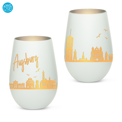 Hochwertiges Glas Windlicht mit Gravur "SKYLINE AUGSBURG" in der Farbe Weiß/Silber