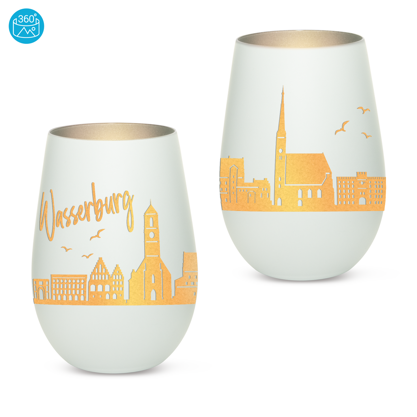 Hochwertiges Glas Windlicht mit Gravur "SKYLINE WASSERBURG" in der Farbe Weiß/Silber
