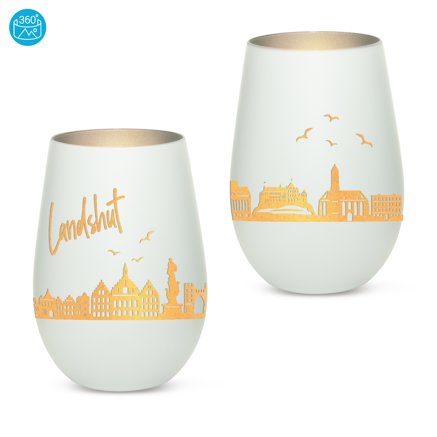 Hochwertiges Glas Windlicht mit Gravur "SKYLINE LANDSHUT" in der Farbe Weiß/Silber