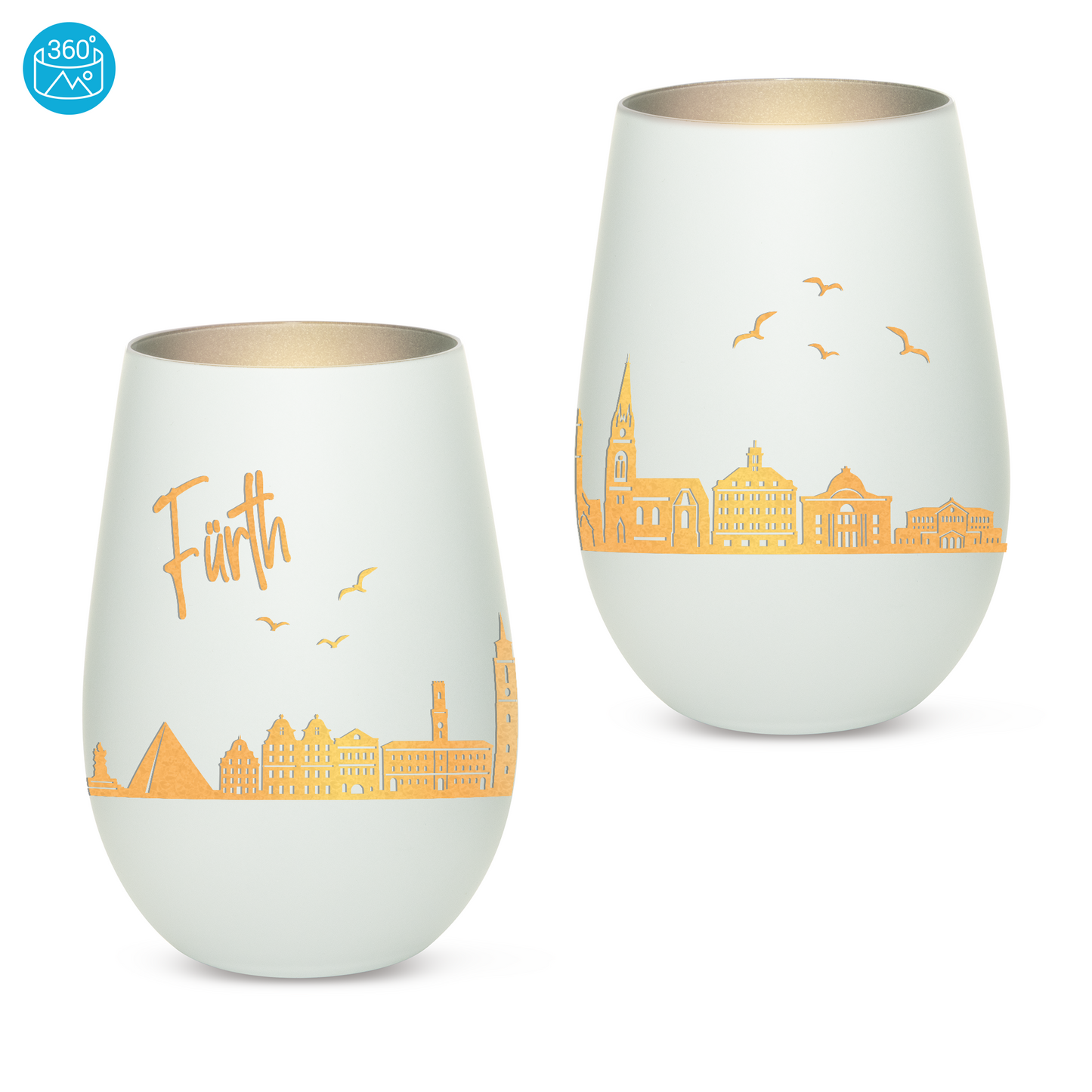 Hochwertiges Glas Windlicht mit Gravur "SKYLINE FÜRTH" in der Farbe Weiß/Silber