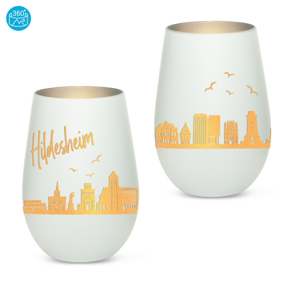 Hochwertiges Glas Windlicht mit Gravur "SKYLINE HILDESHEIM" in der Farbe Weiß/Silber