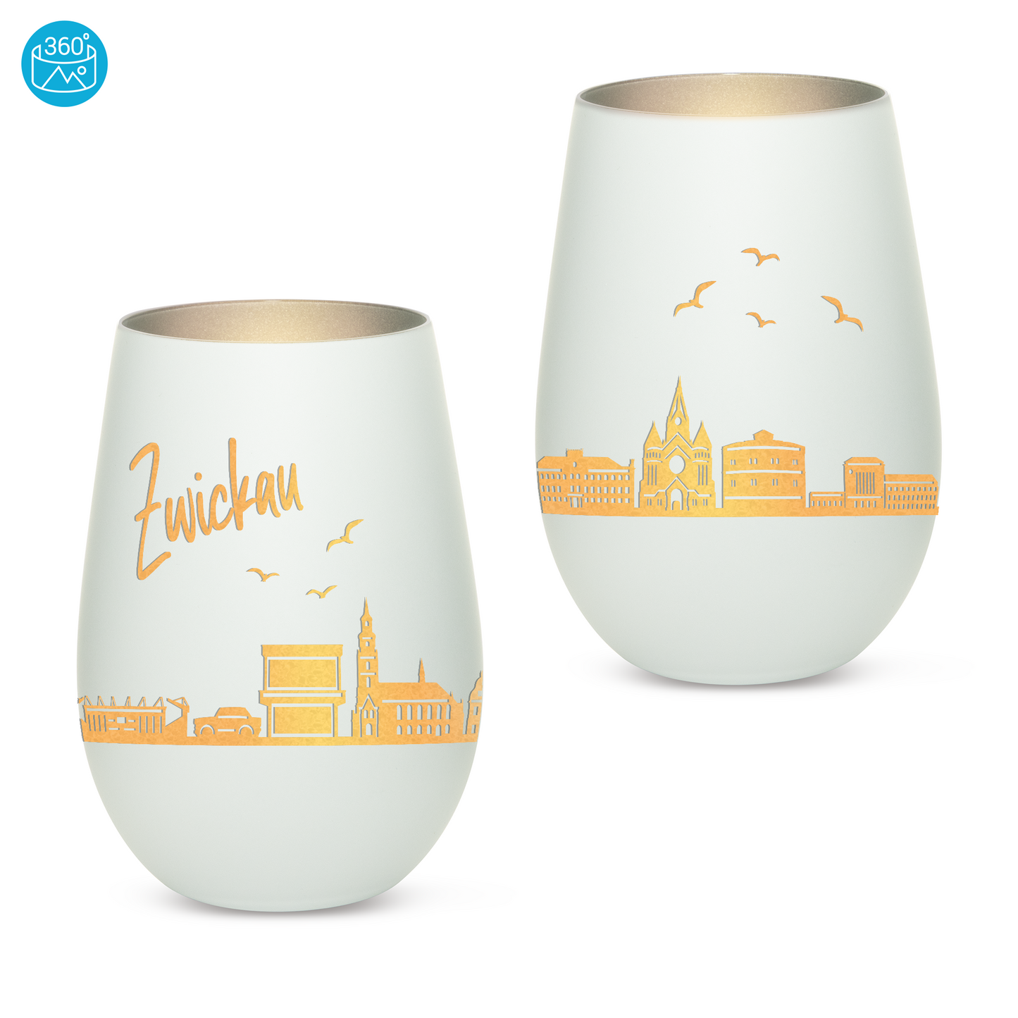 Hochwertiges Glas Windlicht mit Gravur "SKYLINE ZWICKAU" in der Farbe Weiß/Silber