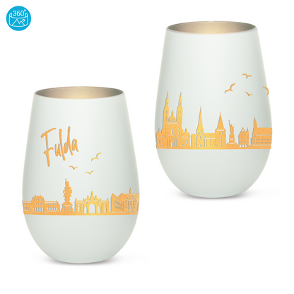 Hochwertiges Glas Windlicht mit Gravur "SKYLINE FULDA" in der Farbe Weiß/Silber
