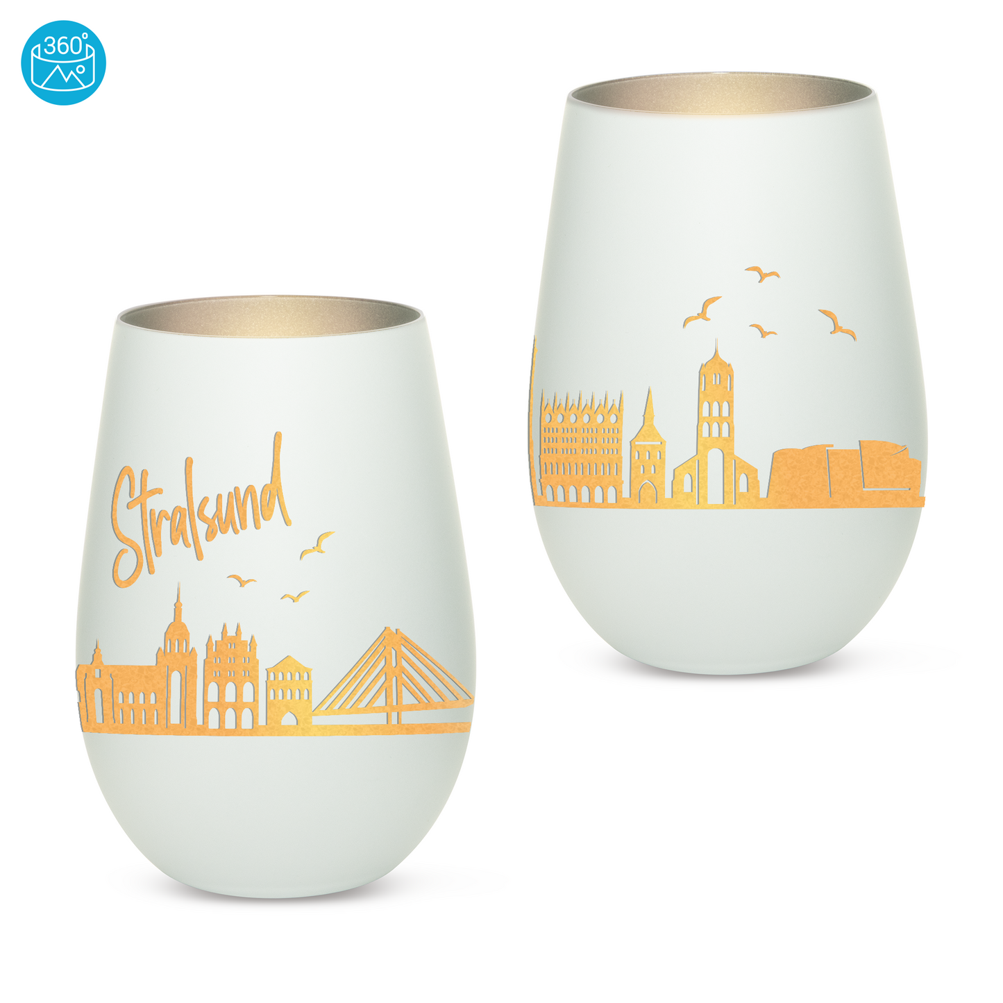 Hochwertiges Glas Windlicht mit Gravur "SKYLINE STRALSUND" in der Farbe Weiß/Silber