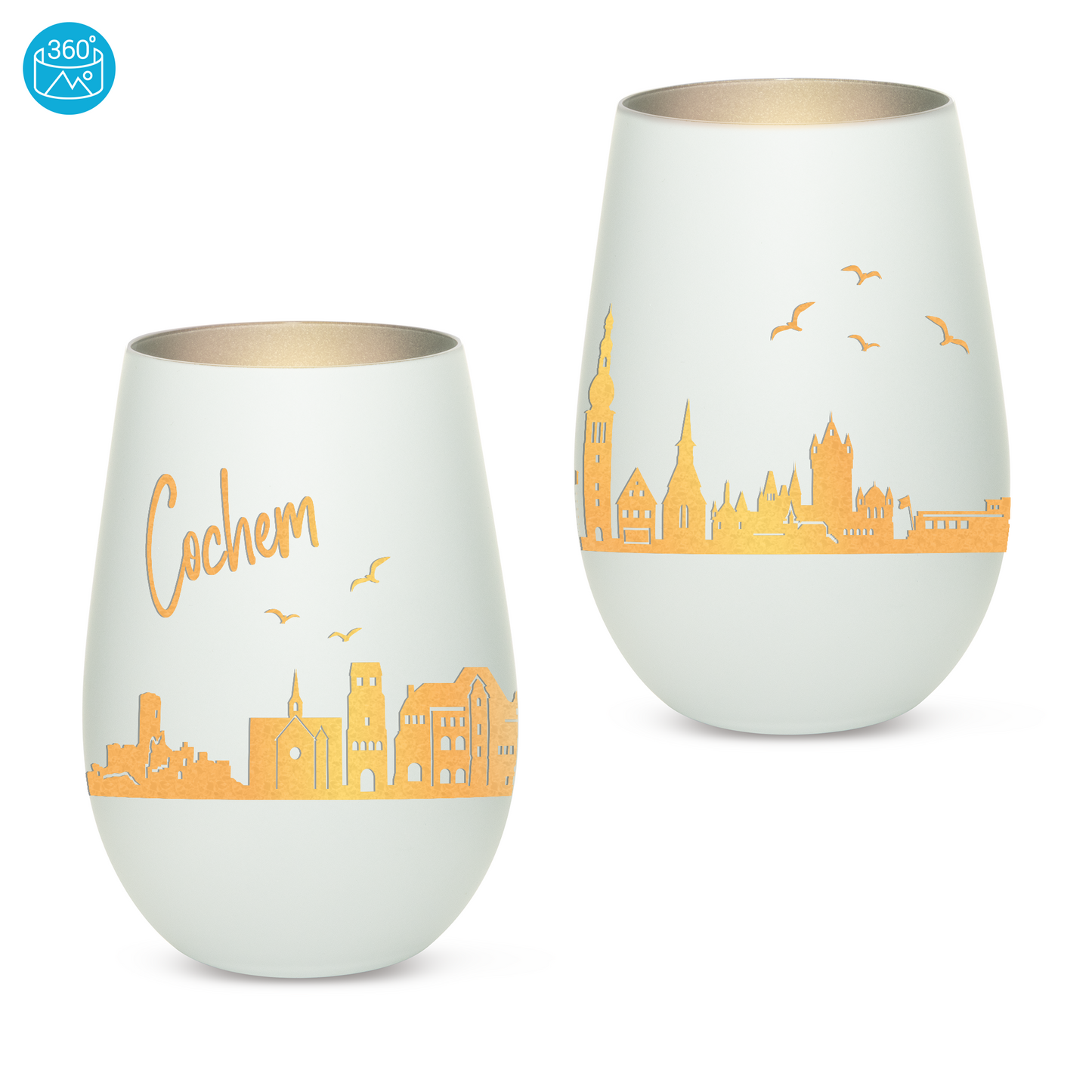 Hochwertiges Glas Windlicht mit Gravur "SKYLINE COCHEM" in der Farbe Weiß/Silber