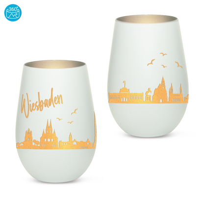 Hochwertiges Glas Windlicht mit Gravur "SKYLINE WIESBADEN" in der Farbe Weiß/Silber