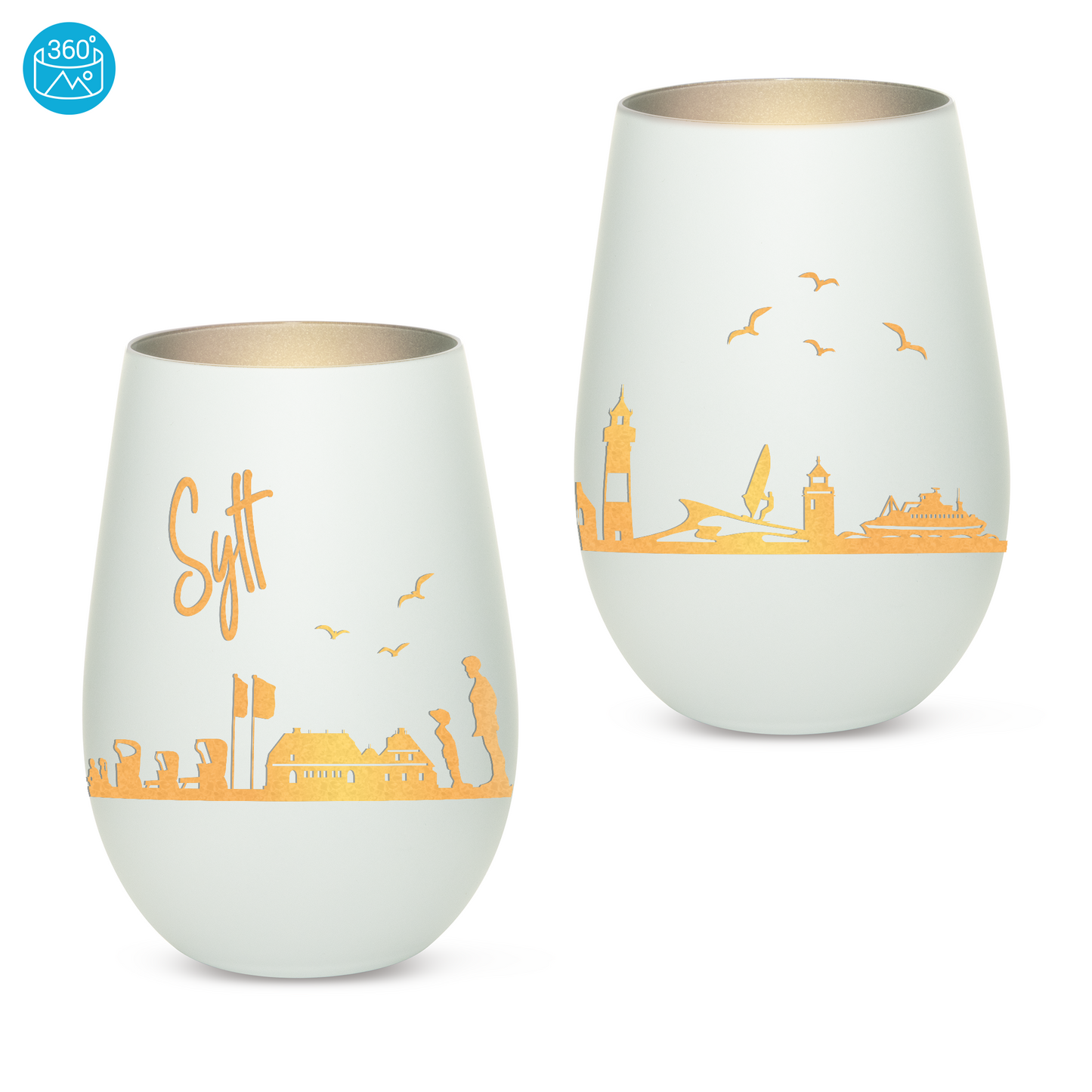 Hochwertiges Glas Windlicht mit Gravur "SKYLINE SYLT" in der Farbe Weiß/Silber