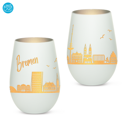 Hochwertiges Glas Windlicht mit Gravur "SKYLINE BREMEN" in der Farbe Weiß/Silber