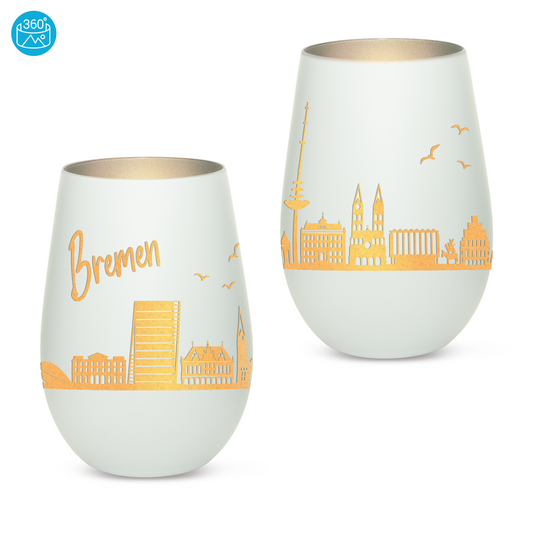 Hochwertiges Glas Windlicht mit Gravur "SKYLINE BREMEN" in der Farbe Weiß/Silber