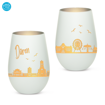 Hochwertiges Glas Windlicht mit Gravur "SKYLINE DÜREN" in der Farbe Weiß/Silber