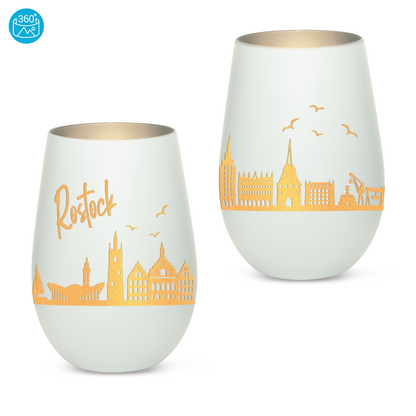Hochwertiges Glas Windlicht mit Gravur "SKYLINE ROSTOCK" in der Farbe Weiß/Silber