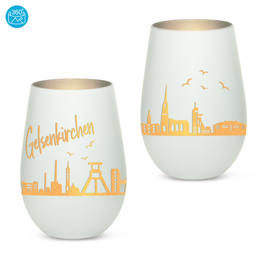 Hochwertiges Glas Windlicht mit Gravur "SKYLINE GELSENKIRCHEN" in der Farbe Weiß/Silber