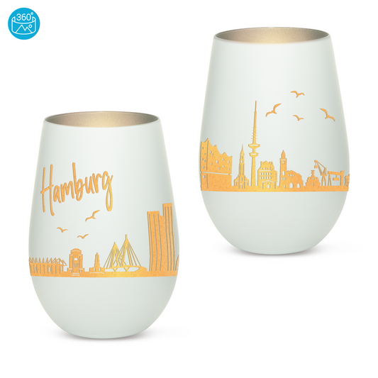 Hochwertiges Glas Windlicht mit Gravur "SKYLINE HAMBURG" in der Farbe Weiß/Silber