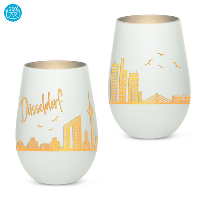 Hochwertiges Glas Windlicht mit Gravur "SKYLINE DÜSSELDORF" in der Farbe Weiß/Silber