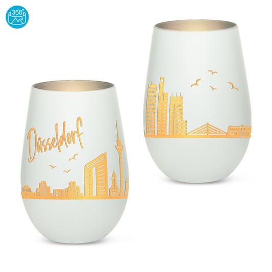 Hochwertiges Glas Windlicht mit Gravur "SKYLINE DÜSSELDORF" in der Farbe Weiß/Silber