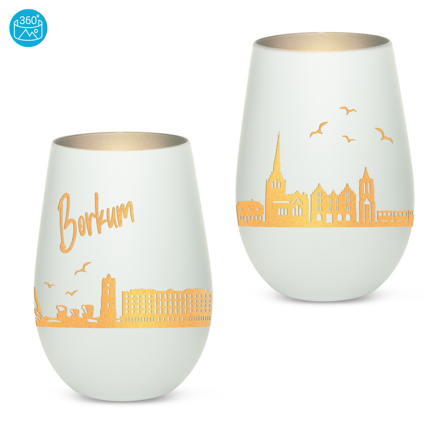 Hochwertiges Glas Windlicht mit Gravur "SKYLINE BORKUM" in der Farbe Weiß/Silber