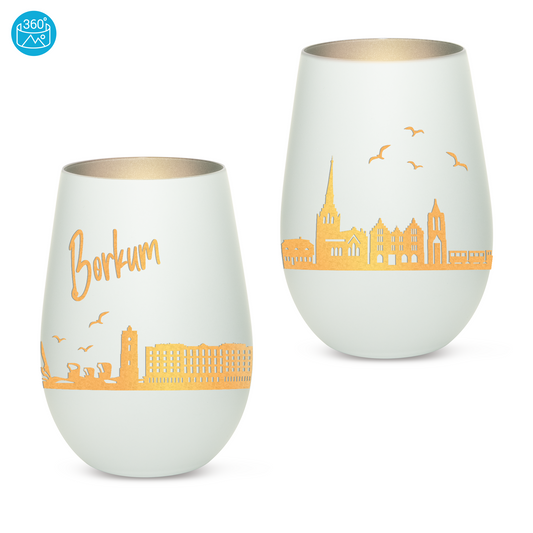 Hochwertiges Glas Windlicht mit Gravur "SKYLINE BORKUM" in der Farbe Weiß/Silber