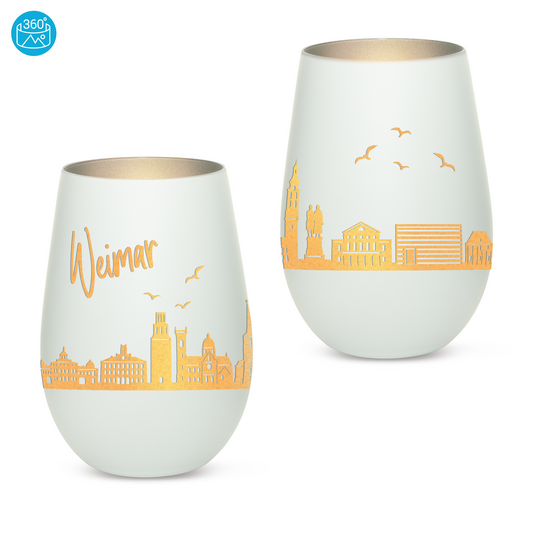 Hochwertiges Glas Windlicht mit Gravur "SKYLINE WEIMAR" in der Farbe Weiß/Silber