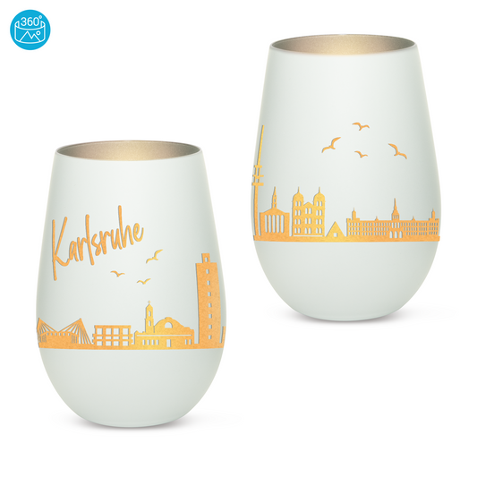 Hochwertiges Glas Windlicht mit Gravur "SKYLINE KARLSRUHE" in der Farbe Weiß/Silber