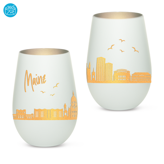 Hochwertiges Glas Windlicht mit Gravur "SKYLINE MAINZ" in der Farbe Weiß/Silber