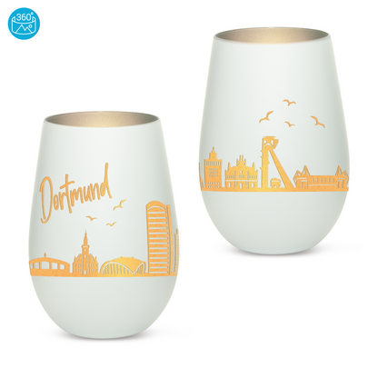 Hochwertiges Glas Windlicht mit Gravur "SKYLINE DORTMUND" in der Farbe Weiß/Silber