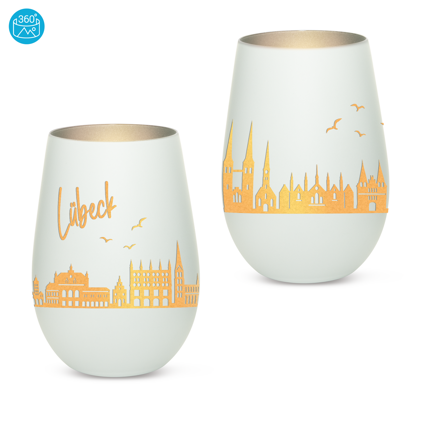 Hochwertiges Glas Windlicht mit Gravur "SKYLINE LÜBECK" in der Farbe Weiß/Silber