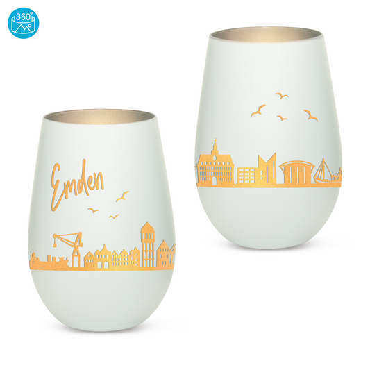 Hochwertiges Glas Windlicht mit Gravur "SKYLINE EMDEN" in der Farbe Weiß/Silber
