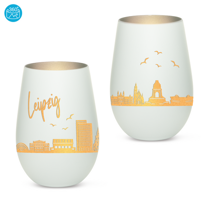 Hochwertiges Glas Windlicht mit Gravur "SKYLINE LEIPZIG" in der Farbe Weiß/Silber