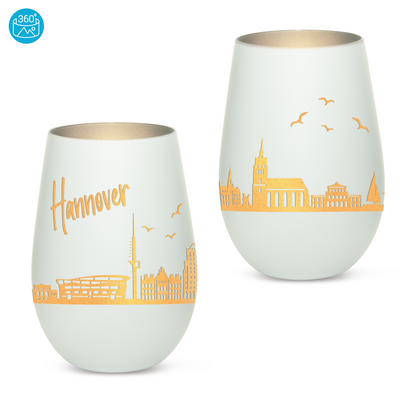 Hochwertiges Glas Windlicht mit Gravur "SKYLINE HANNOVER" in der Farbe Weiß/Silber