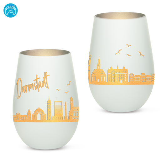 Hochwertiges Glas Windlicht mit Gravur "SKYLINE DARMSTADT" in der Farbe Weiß/Silber
