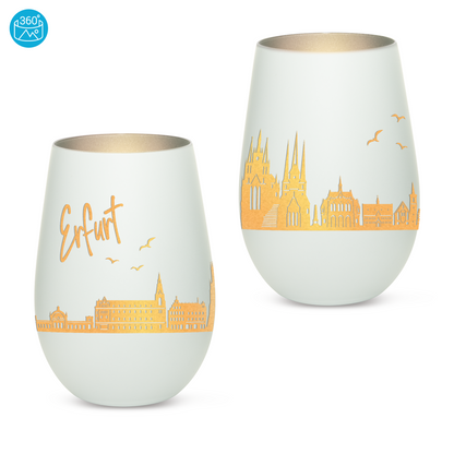 Hochwertiges Glas Windlicht mit Gravur "SKYLINE ERFURT" in der Farbe Weiß/Silber