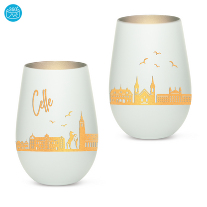 Hochwertiges Glas Windlicht mit Gravur "SKYLINE CELLE" in der Farbe Weiß/Silber