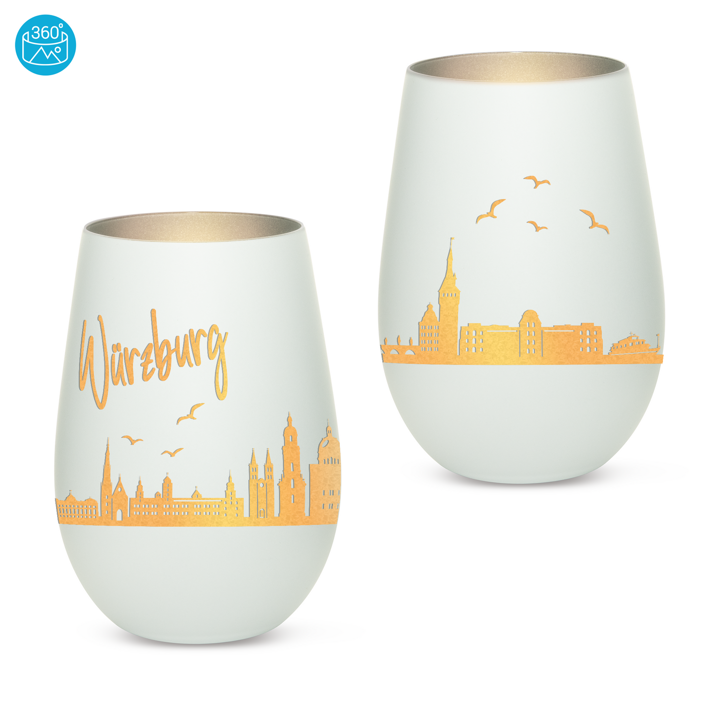 Hochwertiges Glas Windlicht mit Gravur "SKYLINE WÜRZBURG" in der Farbe Weiß/Silber