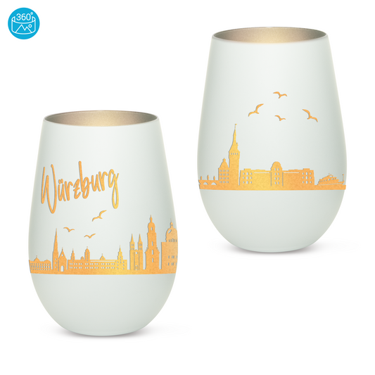 Hochwertiges Glas Windlicht mit Gravur "SKYLINE WÜRZBURG" in der Farbe Weiß/Silber