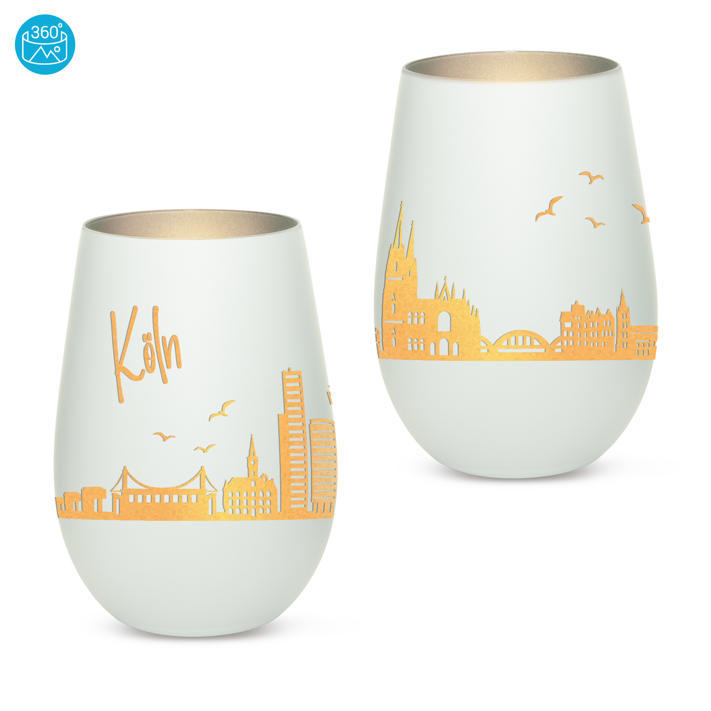 Hochwertiges Glas Windlicht mit Gravur "SKYLINE KÖLN" in der Farbe Weiß/Silber