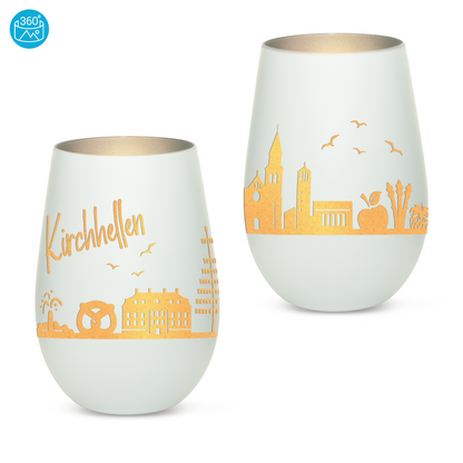 Hochwertiges Glas Windlicht mit Gravur "SKYLINE KIRCHHELLEN" in der Farbe Weiß/Silber