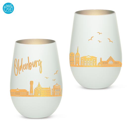 Hochwertiges Glas Windlicht mit Gravur "SKYLINE OLDENBURG" in der Farbe Weiß/Silber