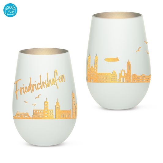 Hochwertiges Glas Windlicht mit Gravur "SKYLINE FRIEDRICHSHAFEN" in der Farbe Weiß/Silber