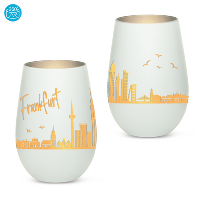 Hochwertiges Glas Windlicht mit Gravur "SKYLINE FRANKFURT" in der Farbe Weiß/Silber